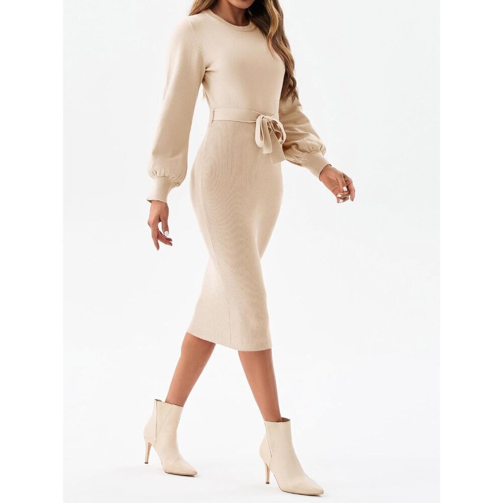 Womens Ribbed Knit Sweater Dress Large Crew Neck Bodycon Midi with Belt - Picture 4 of 5